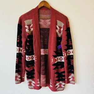 Women's Open-Front Aztec Cardigan Sweater - Rust